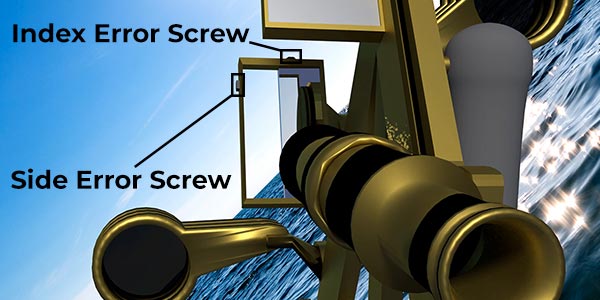 Image of a sextant with the index error screw and side error screw highlighted