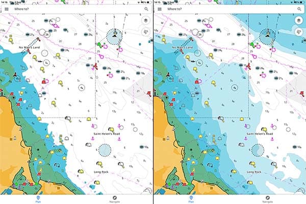 Side by side comparison of depth contour settings in C-Map