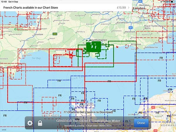 NavLink UK screen showing which charts are downloaded