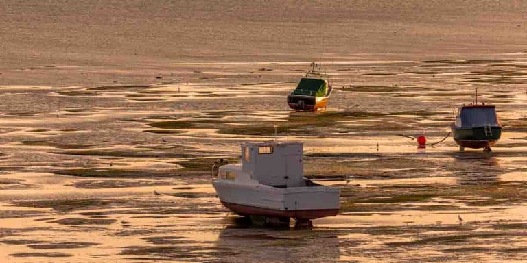 Selection of three boats sitting high and dry on the mud